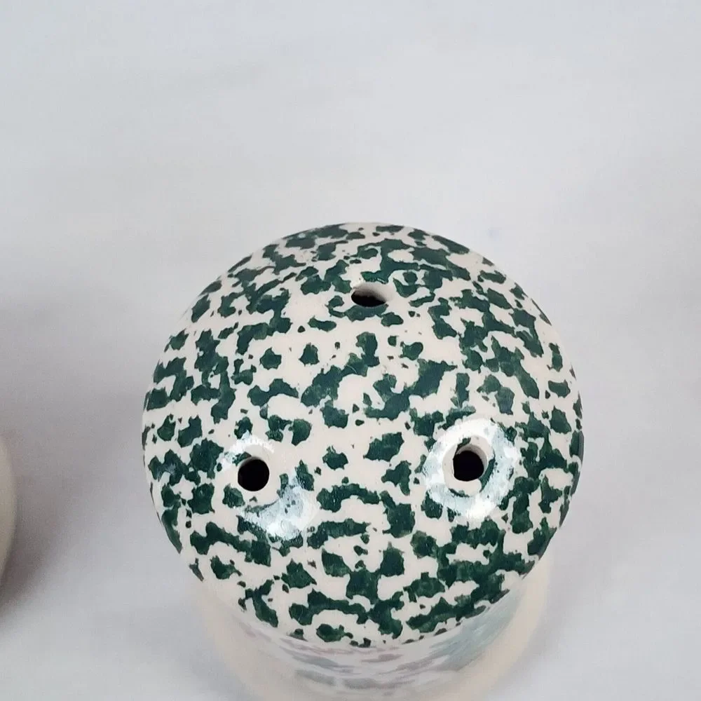 Let It Snow Snowman Ceramic Salt and Pepper Shaker Set Green Speckled Top